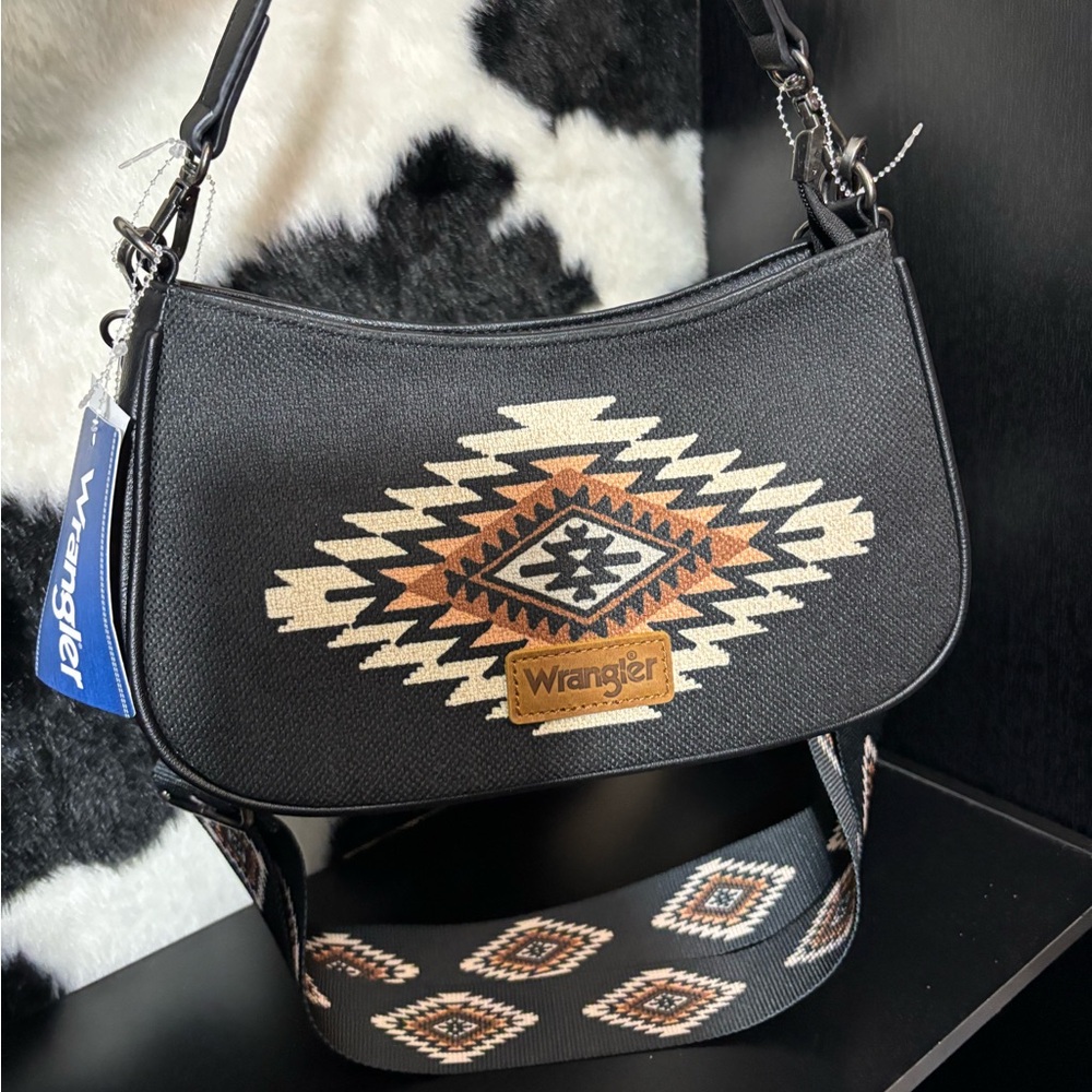 Wrangler Black Shoulder Bag with Aztec Tan and Cream Pattern